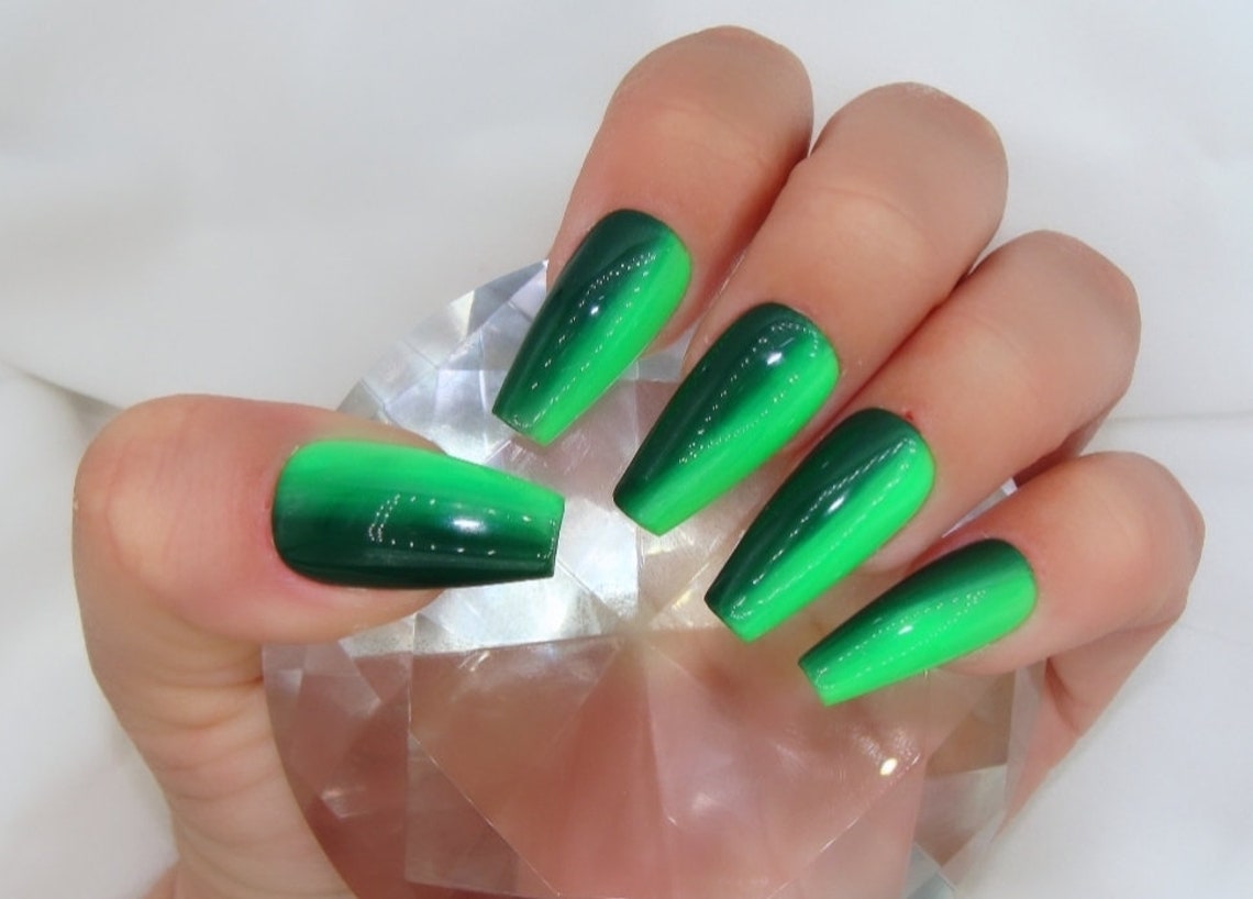 Green Ombre Luxury Press On Nails Bright Neon Nails Apres Gel Press Ons Customizable Neon Nails Summer Spring Nail Art image 1